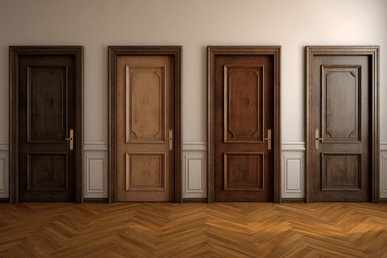 Wooden interior doors hallway in a wooden lined interior room 3d image, classic still life compositions, dark brown and dark beige, light brown and light black, old timey, lively tableaus, white background, intricate minimalism