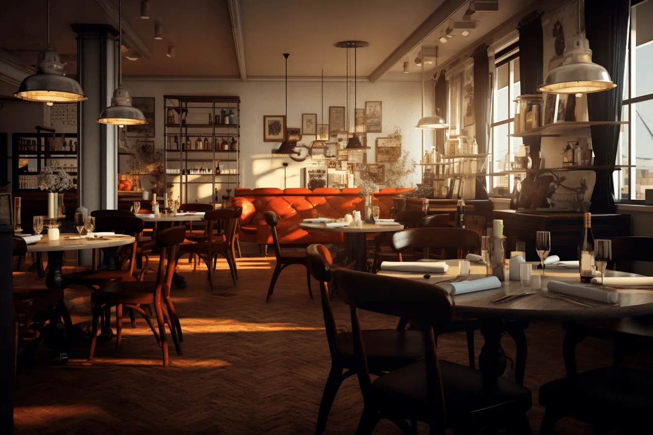 Furniture is inside of a restaurant, vray tracing, dutch genre scenes, light bronze and amber, 32k uhd, depiction of everyday life, atmospheric, italian landscapes
