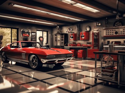 Garage With Red Muscle Car