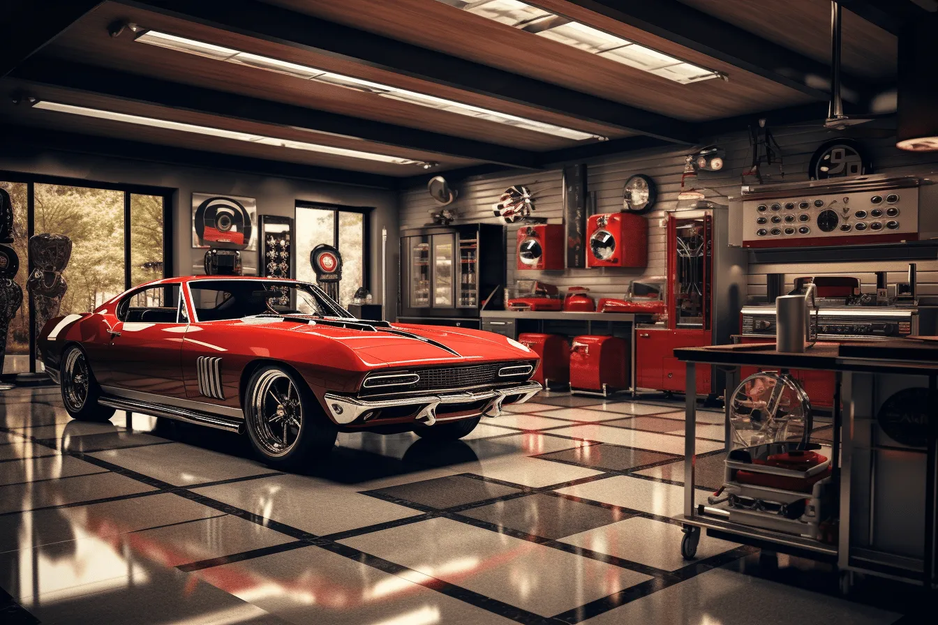 Red car in garage on whitley brick flooring, realistic and hyper-detailed renderings, matte painting, precisionist style, beautiful interiors, chrome-plated, 32k uhd, cabincore
