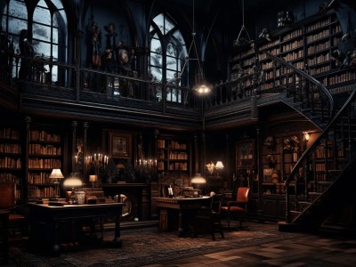 Gothic Library With Stairs And Books On The Shelf