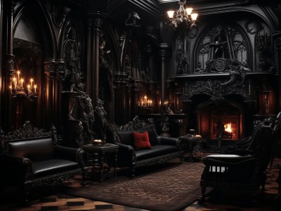 Gothic Living Room With Black Furniture, Fireplace, Chandelier, And A Mirror