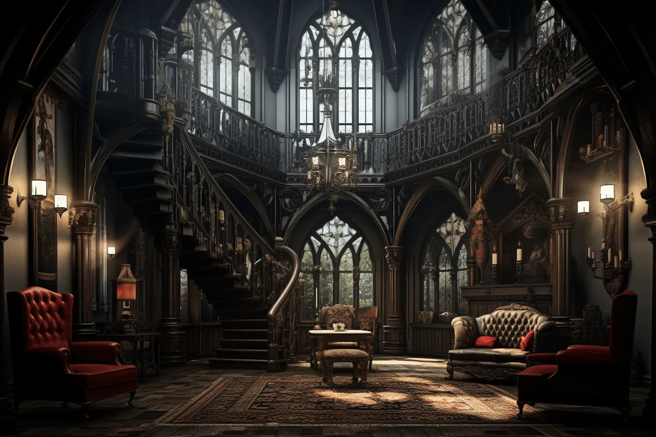 Gothic fantasy house interior, dark crimson and light brown, playfully intricate, natural lighting, old-world charm, octane render, timeless artistry, uhd image