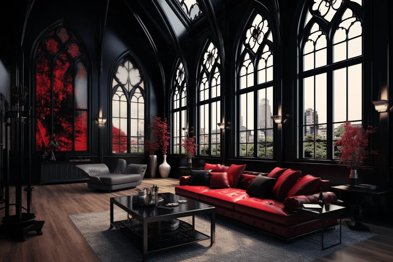 All black living room with red and black furniture, gothic architecture, windows vista, 32k uhd, romantic scenes, detailed architecture, metallic finishes, dark white and light crimson