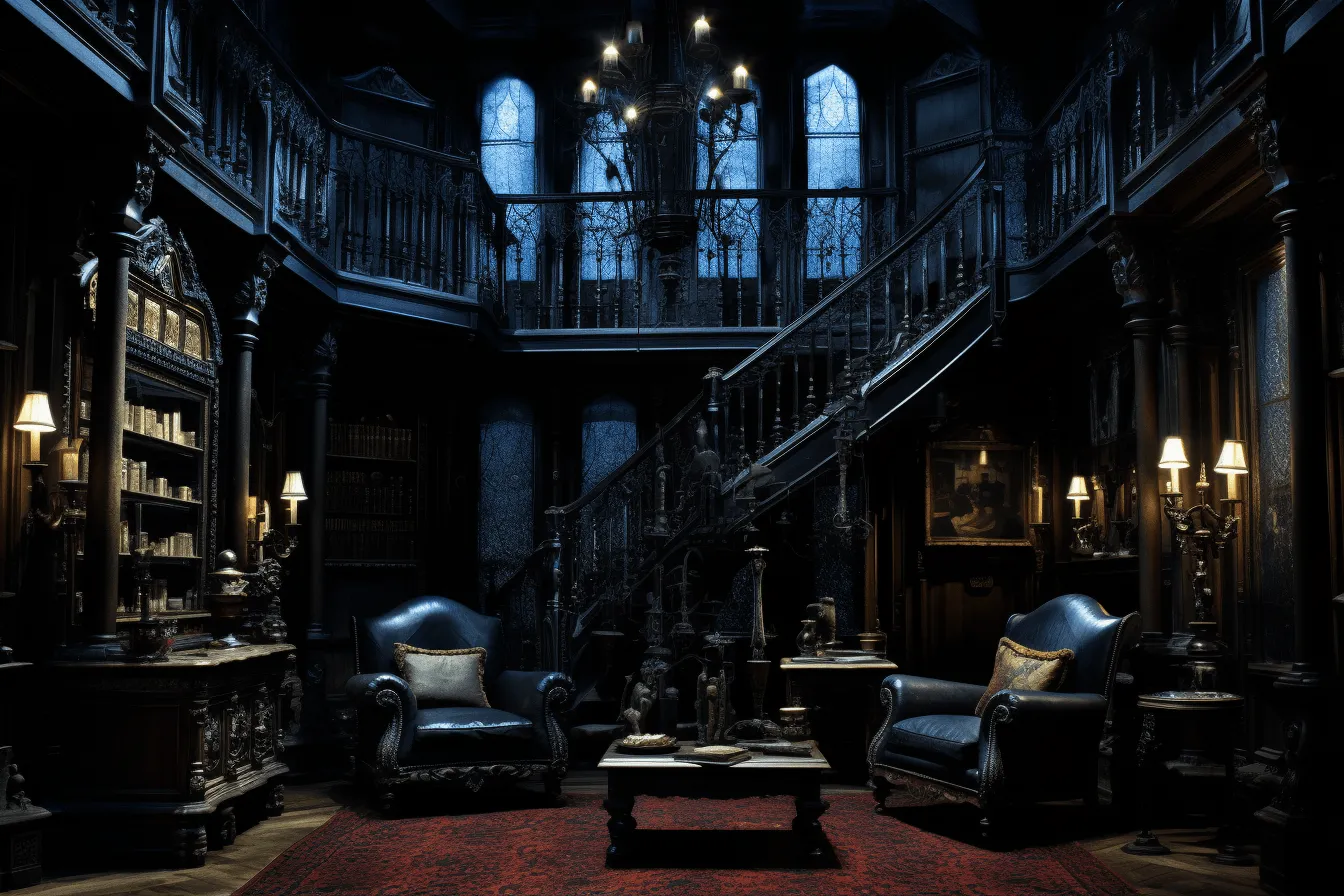 Dark and ornate library with tall chandelier and chairs, horror-inspired, pseudo-realistic, suburban gothic, intricate woodwork, haunting figuratism, weathercore, dark black and dark azure