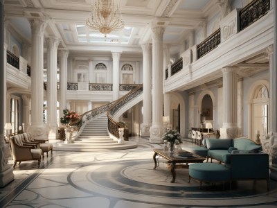 Grand Marble Lobby With Chairs Next To A Staircase