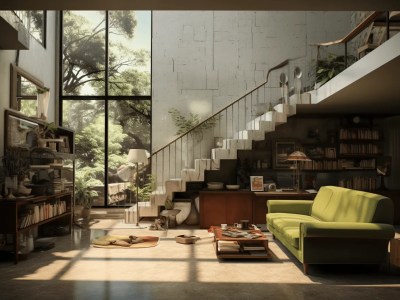 Green Couch, Bookshelves, And Stairs