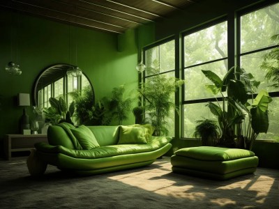 Green Living Room In A Garden With Plants Over Windows