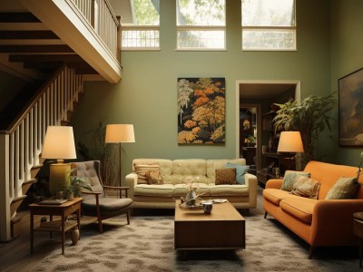 Green Living Room With An Orange Couch