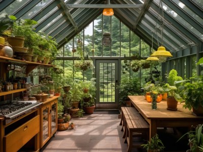 Greenhouse Has A Huge Wooden Table With Plants On It