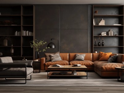Grey Leather Couch And Sofa In A Living Room With Black Shelves