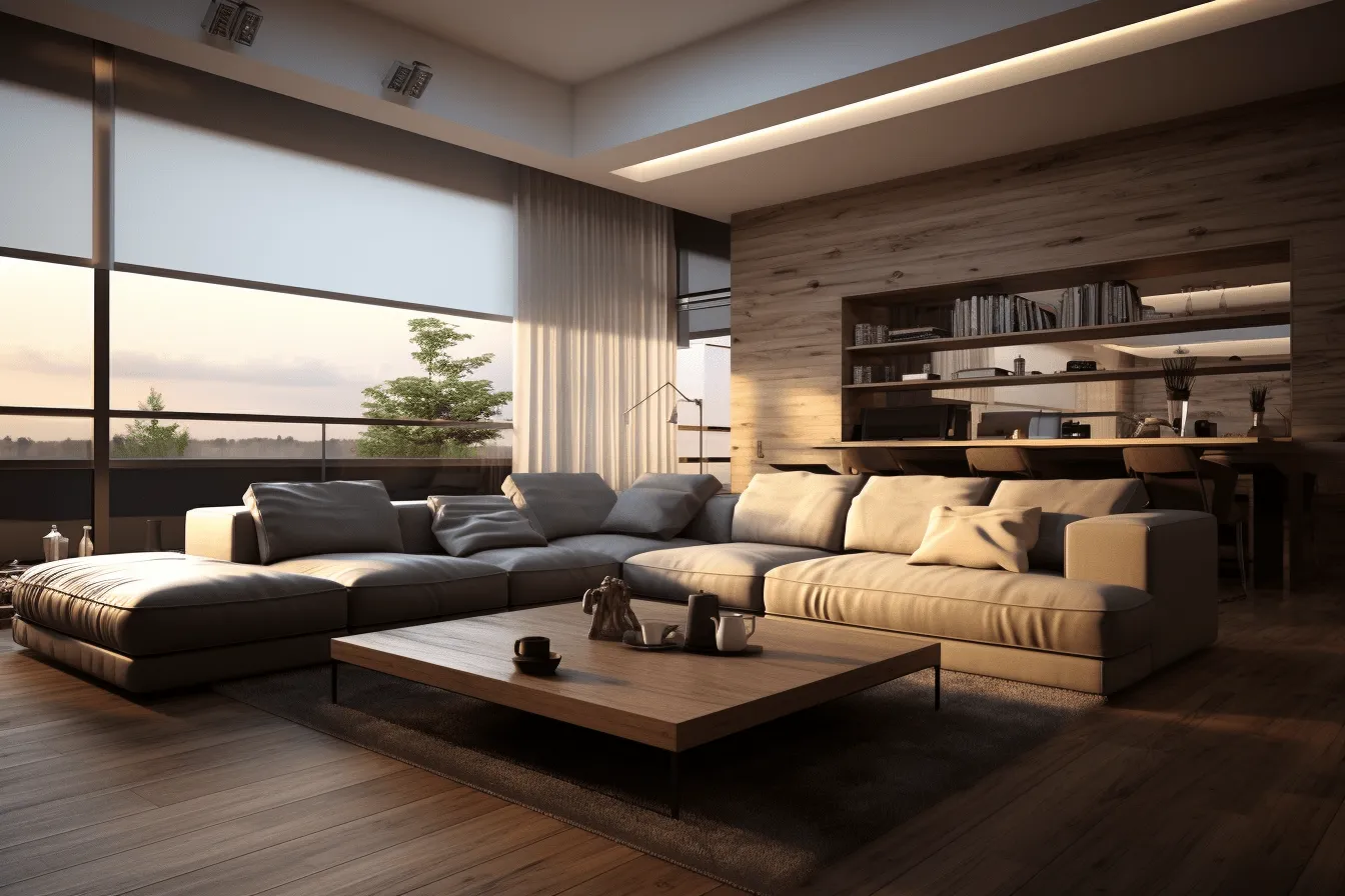 Wooden floor in a living room, emphasis on atmospheric effects, heavy shading