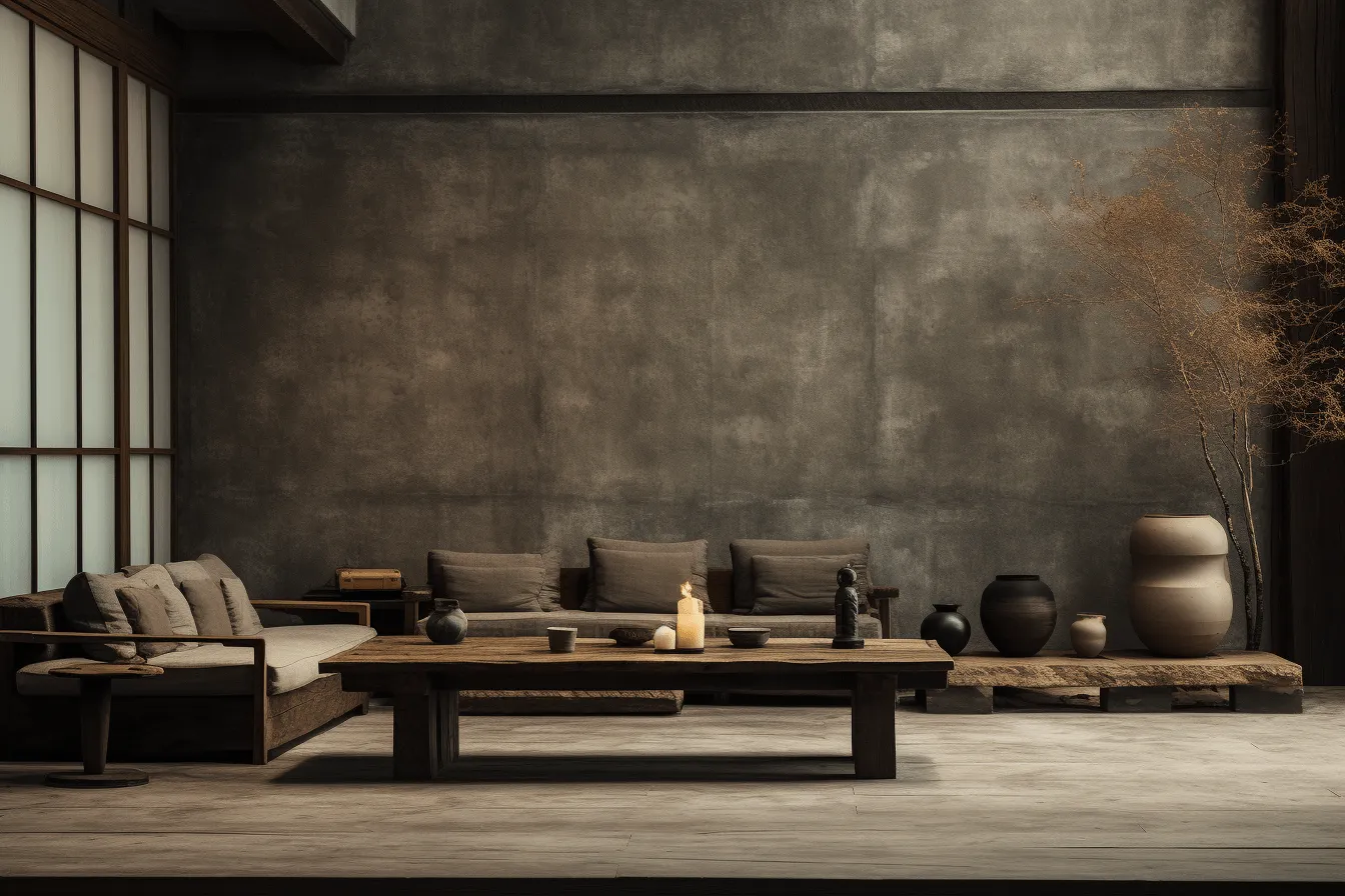 3d rendering of sofas and chairs in a cozy living room, shang dynasty, rustic textures, concrete, minimalistic japanese, captivating chiaroscuro, glazed surfaces, restored and repurposed