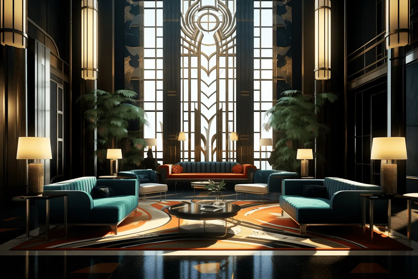 This room looks like it has a gtown art style, art deco geometric designs, vray tracing, dark cyan and light amber, highly detailed foliage, orientalist landscapes, art deco glamour, light-filled