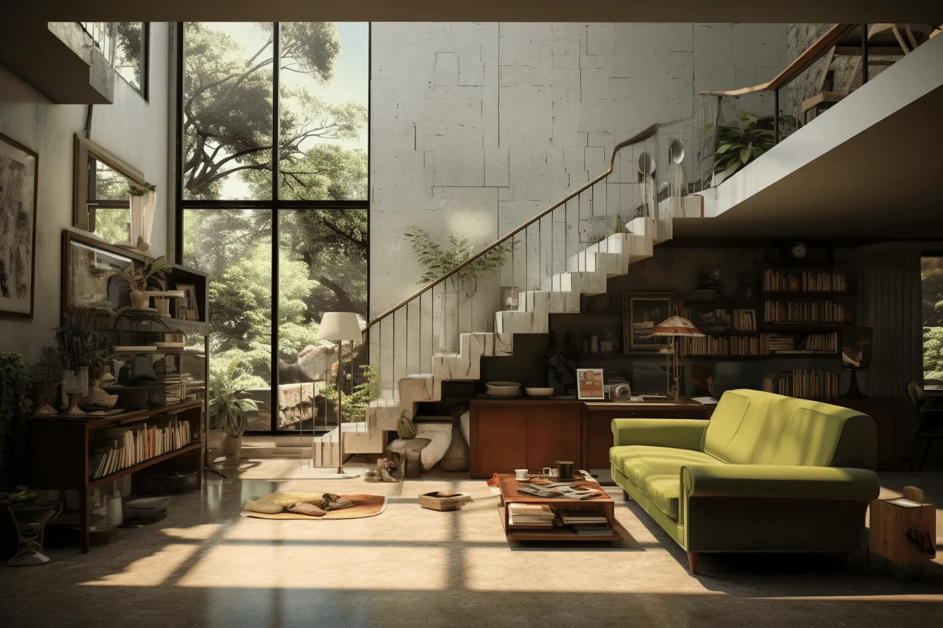 Green couch, bookshelves, and stairs, vray tracing, atmospheric scenes, uhd image, suburban ennui capturer, lively nature scenes, concrete, unreal engine 5