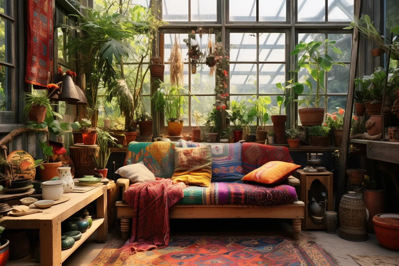 Living room with plenty of plants around a couch and tables, colorful dreams, atmospheric horizons, solarizing master, primitivist style, recycled, multilayered, romanticized views
