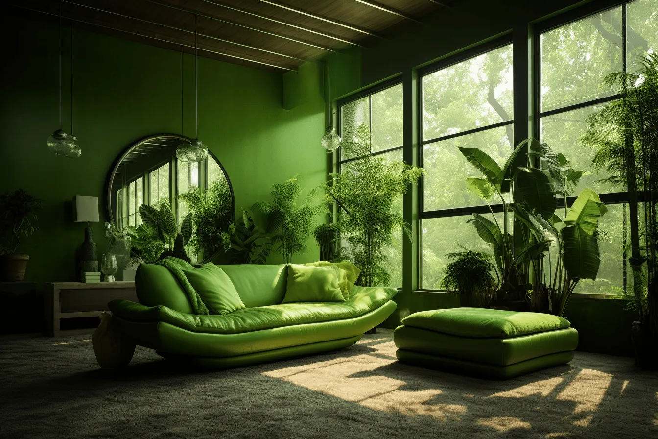 Green living room in a garden with plants over windows, post-apocalyptic themes, environmental awareness, grandiose interiors