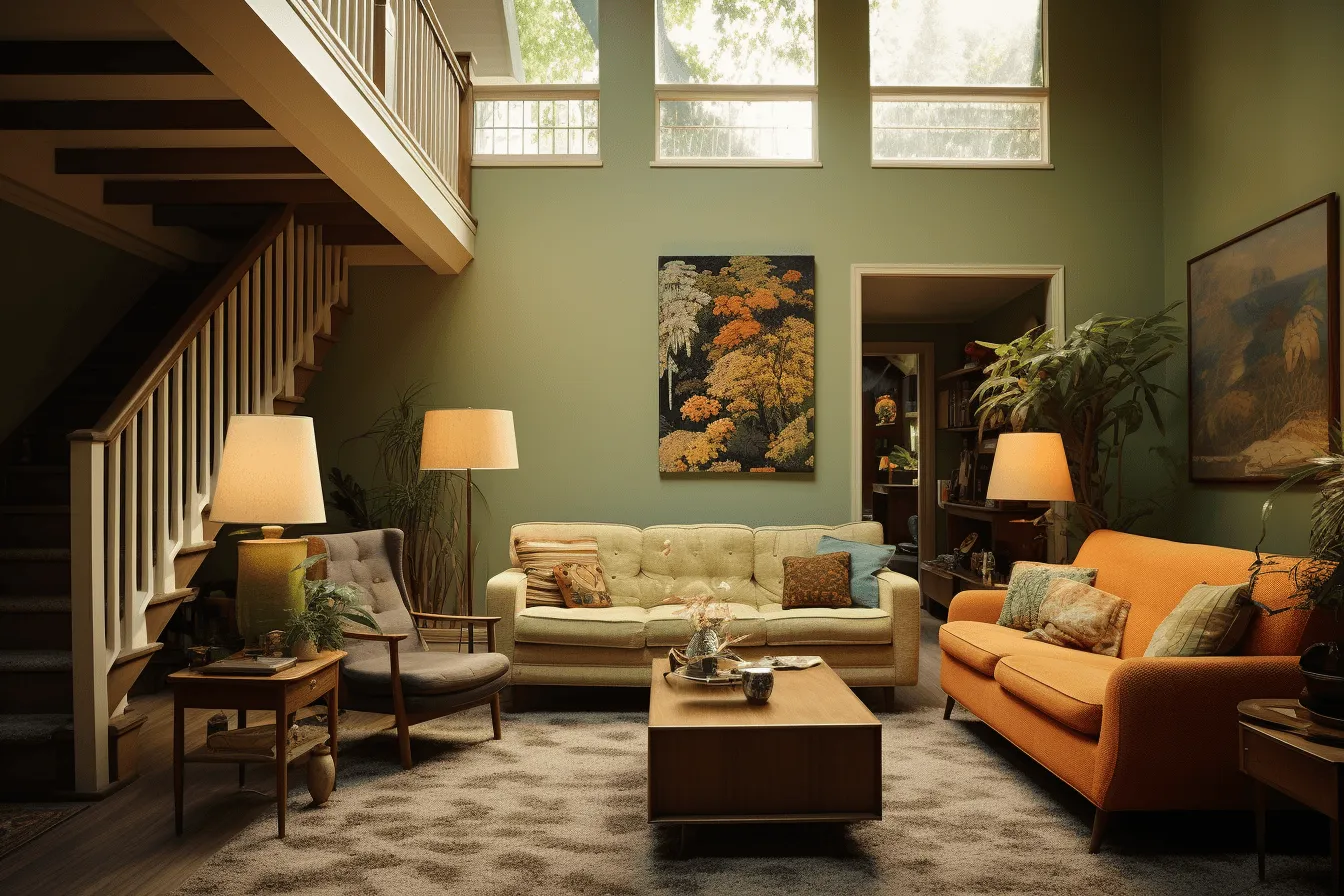 Green living room with an orange couch, light beige and dark amber, fictional landscapes, midcentury modern, highly staged scenes, kodak portra, utilizes, floral accents