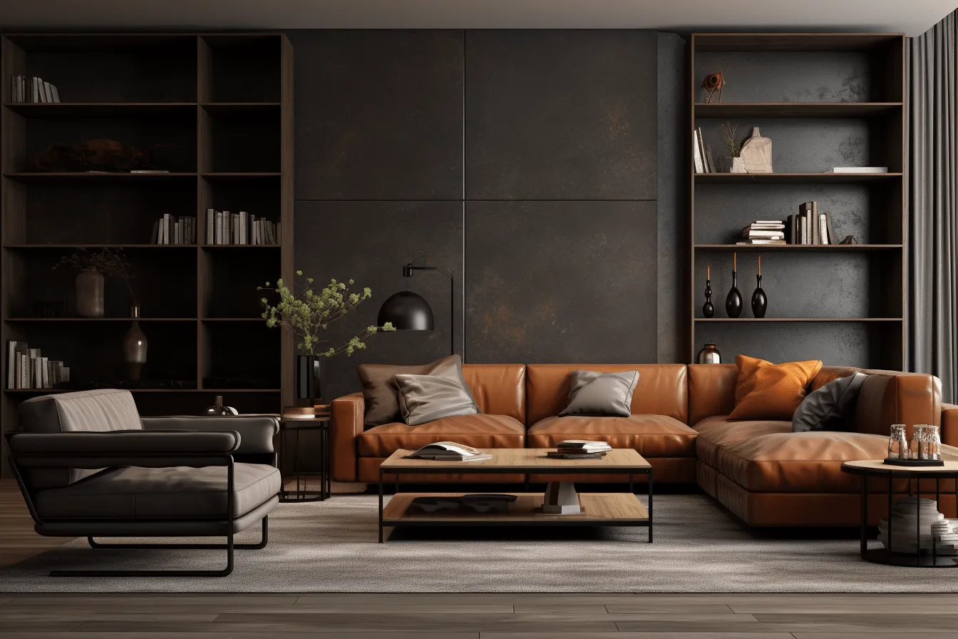 Black living room with sofa, dark amber and gray, textured backgrounds, industrial feel, brown, grandiose interiors, earth tone color palette, handcrafted designs