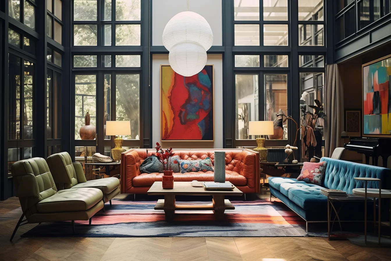 Group of colorful couches in a nice room with large windows, contemporary faux naïf, vray tracing, bloomsbury group, luxurious, light red and dark blue, lively tableaus, playful yet sophisticated