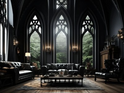 Hall Of Windows In A Gothic Style Living Room With Leather Furniture