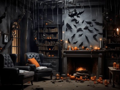 Halloween Decor In A Dark Room, Including A Fireplace With Bats Hanging From It