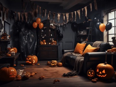 Halloween Decor In A Living Room With Black Leather Furniture And Pumpkins
