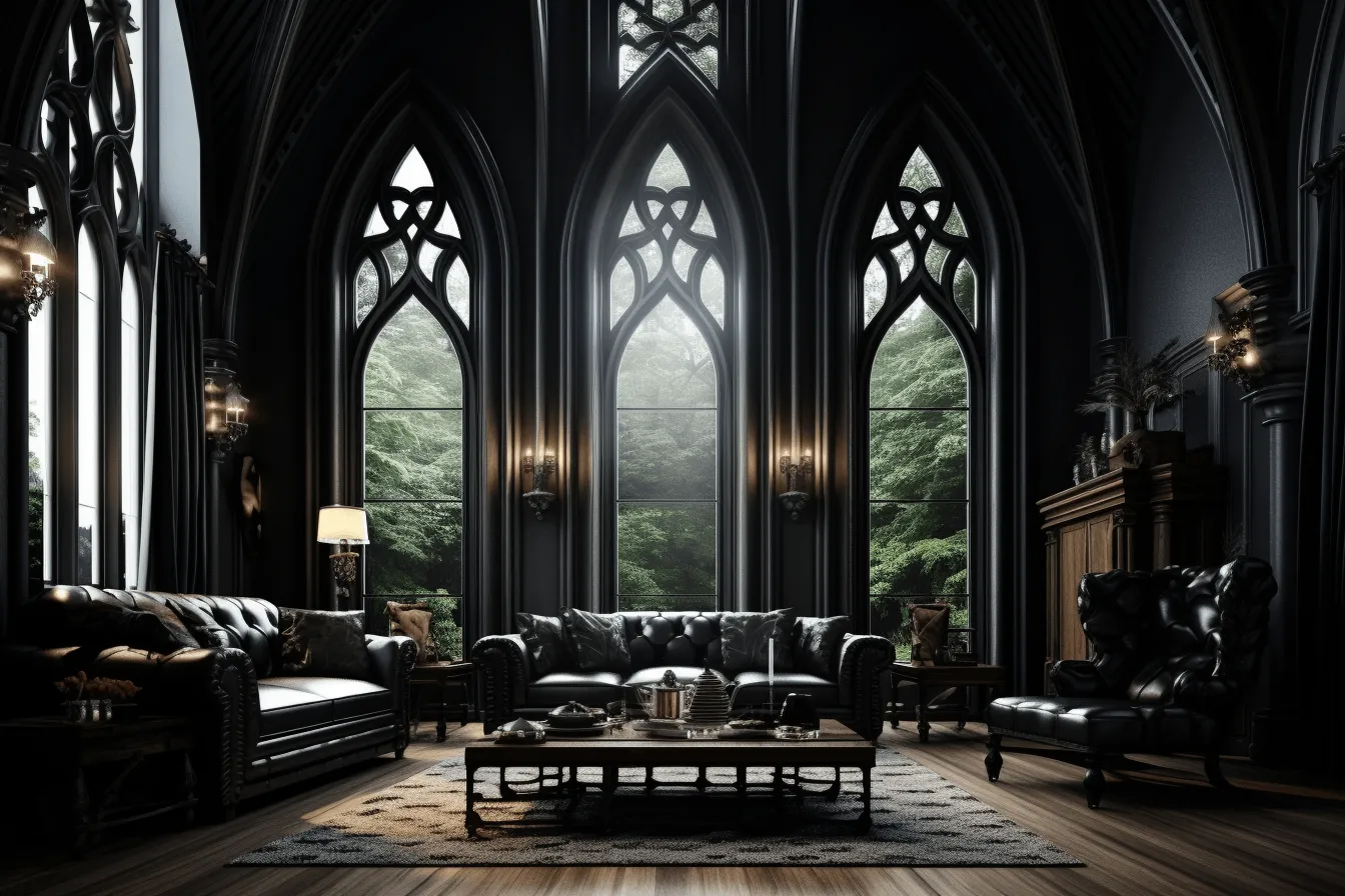 Empty living room with gothic design furniture and big windows, dark romanticism, bold yet graceful, matte painting, meticulous detailing, pastoral charm, moody color schemes, volumetric lighting