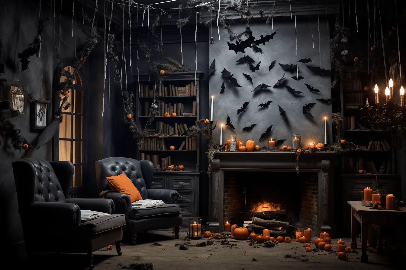 Room decorated for halloween with bats on the ceiling and chairs, smokey background, hyper-realistic sculptures, dark gray, pop-culture-infused, enchanting, clever use of negative space, old-world charm