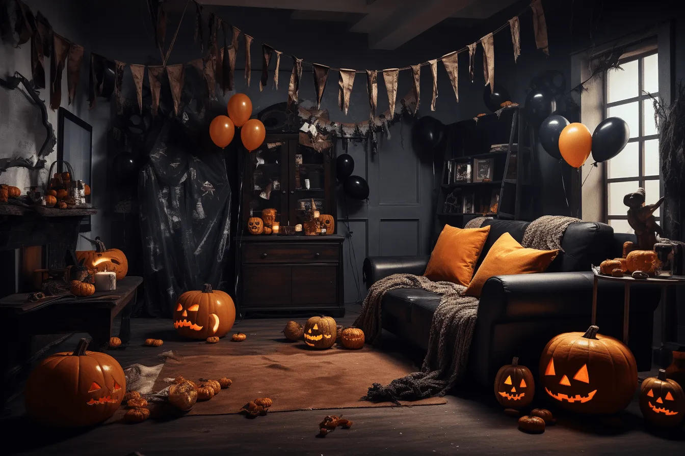 Halloween living room decor with some pumpkins and halloween balloons, dark atmosphere, monochromatic chaos, vray tracing, black and amber, detailed costumes, manapunk, colorized