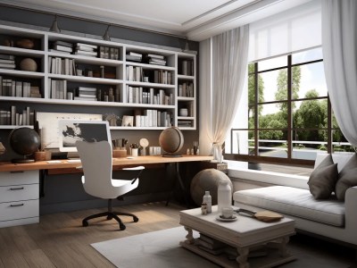 Home Office With White Furniture And Bookshelves