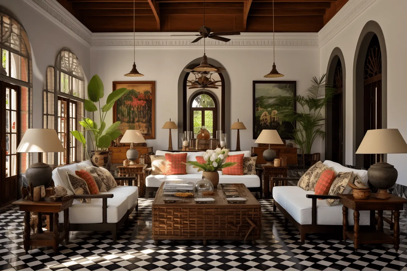 Home el santo fl living room by architect s.l. savaro, traditional craftsmanship, black-and-white block prints, warm color palettes, goa-insprired motifs, vignetting, delicately rendered landscapes, mesoamerican influences