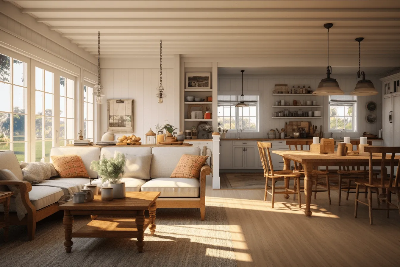 White furniture is wooden, photorealistic renderings, vintage americana, sunrays shine upon it, kitchen still life, uhd image, cabincore, orange and beige