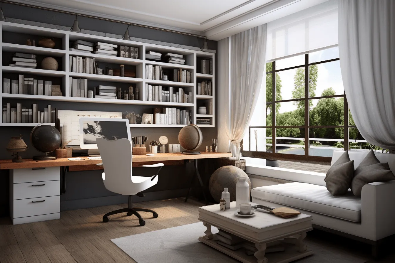 Very classy home office with furniture and office, atmospheric serenity, photorealistic rendering, contemporary faux naïf, earthy elegance, uhd image, bibliopunk, dark white and gray