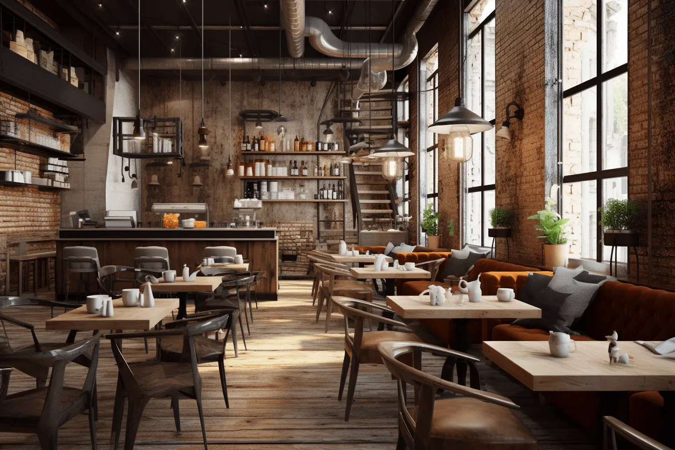 Cafe industrial interior design trends for 2015, rendered in maya, realistic hyper-detailed rendering, brown, uhd image, anglocore, whistlerian, 32k uhd