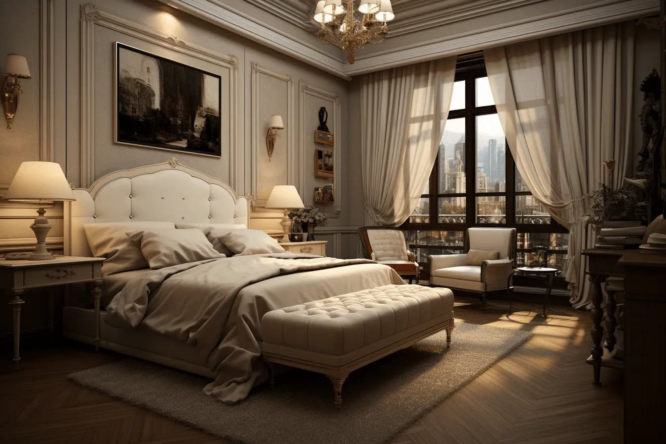 How to design a classic bedroom on a budget  a guide, vray tracing, vignettes of paris, rendered in cinema4d, romantic riverscapes, sepia tone, eerily realistic, grandiose architecture