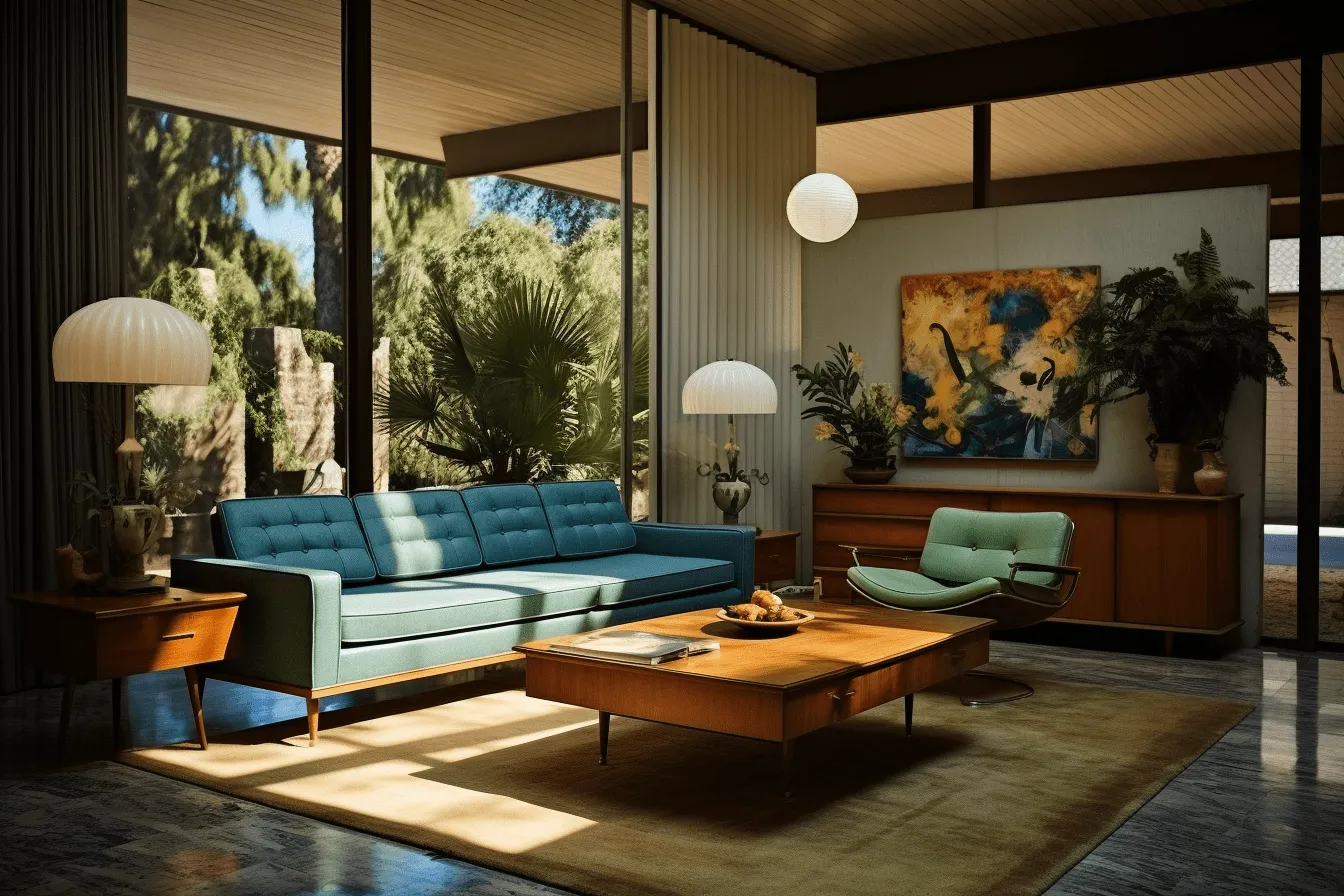 Modern living room with a blue sofa and a coffee table, retro visuals, mid-century modern