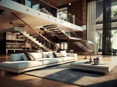 Huge Living Area With Wood And Glass Staircases