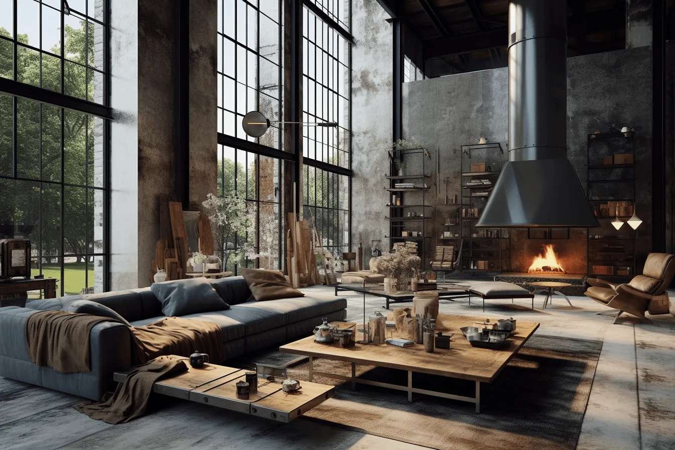 Industrial designs for living rooms in new zealand, october, moody and atmospheric, vray tracing, mimicking ruined materials, 32k uhd, german modernism, uhd image, industrialization