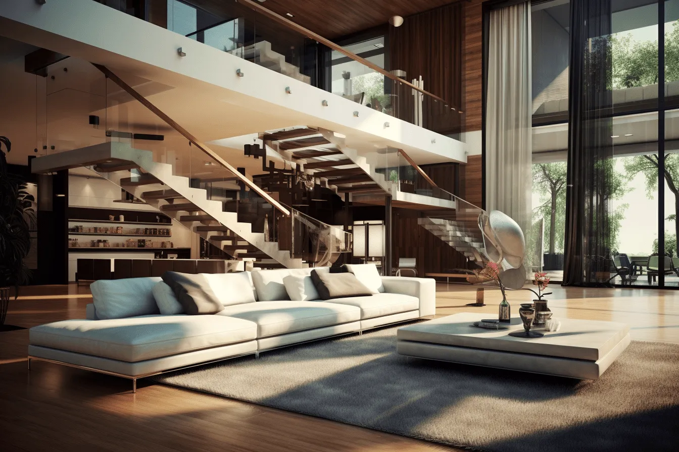 Image of a living/dining area with an open staircase, luxuriant textures, glass as material, luxurious opulence, tranquil serenity, highly realistic, expansive spaces, wood