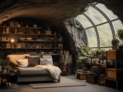 Image Of A Cabin With Furniture And Plants In A Cave Room