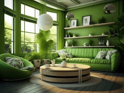 Image Of A Colorful Living Room Decorated With Green Furniture And Plants