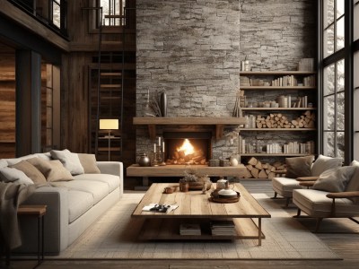 Image Of A Stone Fireplace And Log Cabin Living Room