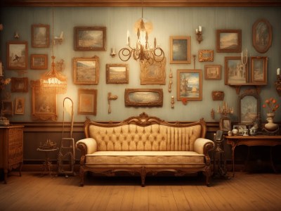 Image Of An Old Era Room With Fancy Frames Painted On The Wall With A Sofa