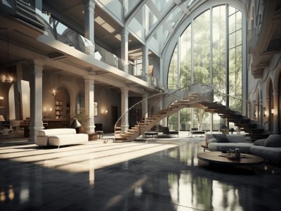 Impressive Living Room Featuring Large Glass Windows And A Staircase