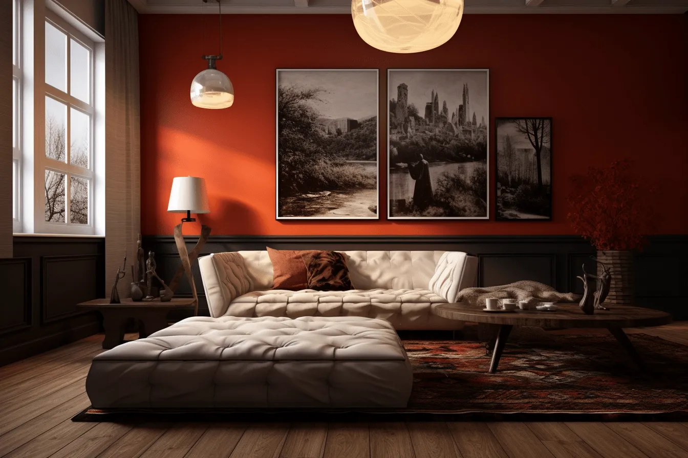 Living room in an orange color, atmospheric and moody landscapes, daz3d, dark crimson and white, east village art, high quality photo, historical romanticism, soviet realism