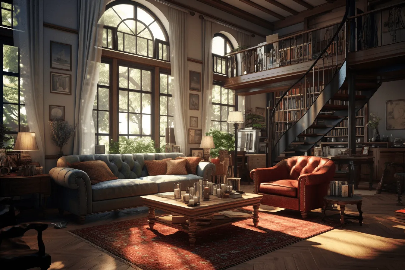Beautiful living room with an elegant chandelier and red sofa, rendered in unreal engine, dutch genre scenes, atmospheric scenes, ray tracing, eerily realistic, detailed world-building, light amber and navy