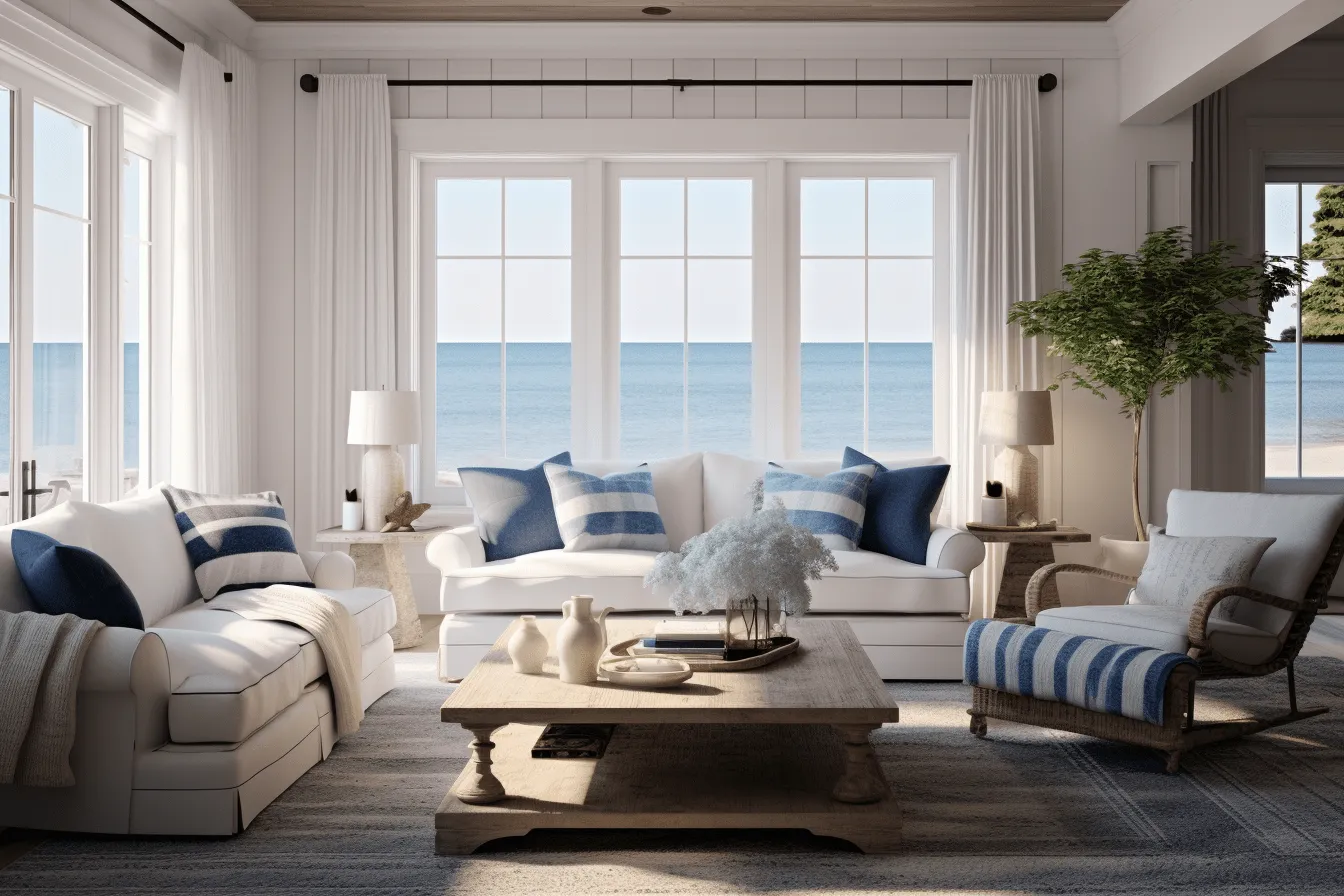 Large living room with white striped couches and a view of the ocean, daz3d, blue and beige, classic americana, weathercore, uhd image, tranquil