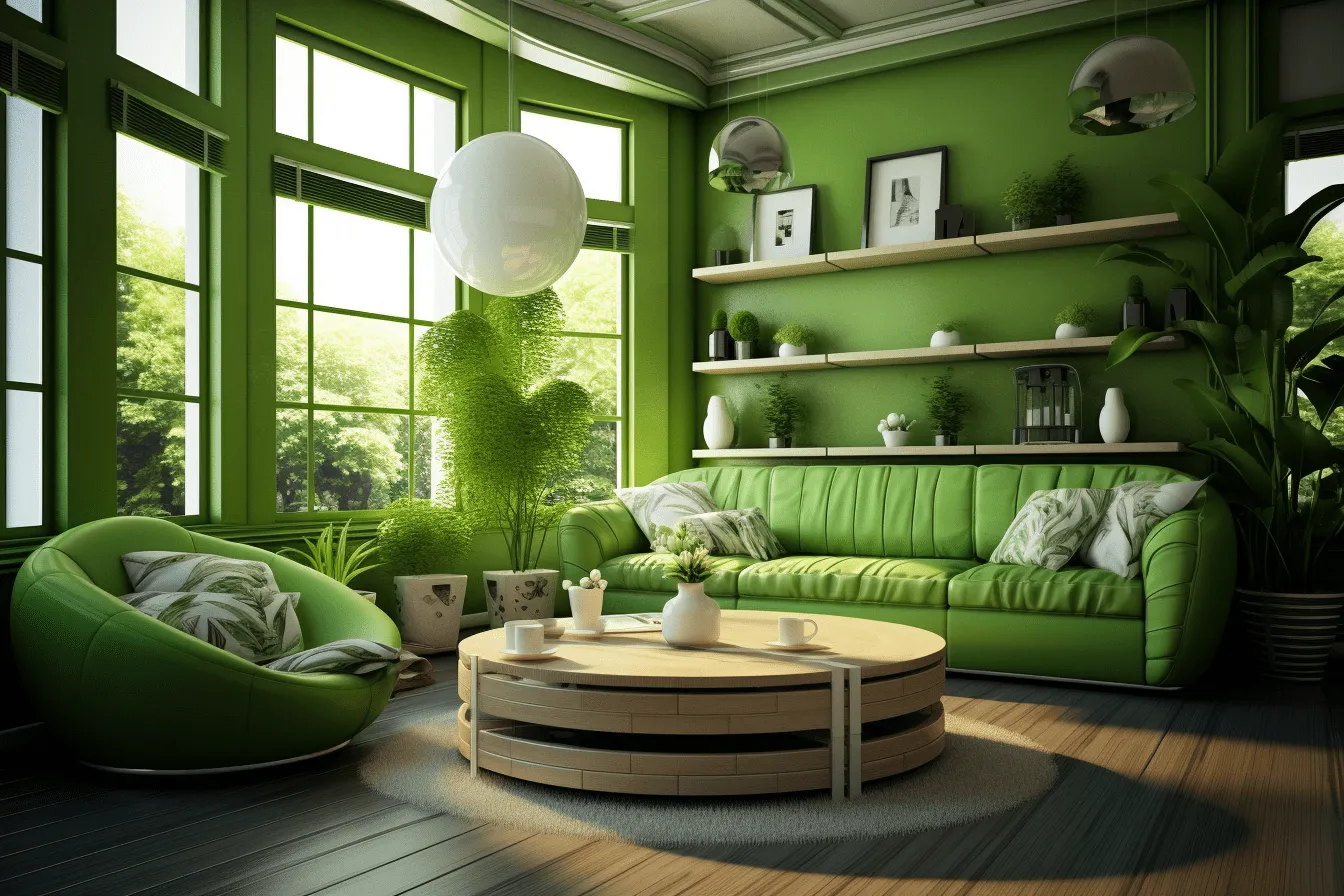 Green living rooms interior design, realistic hyper-detailed rendering, uhd image, solarization, afro-caribbean influence, realistic, detailed rendering, soft and dreamy atmosphere, color splash