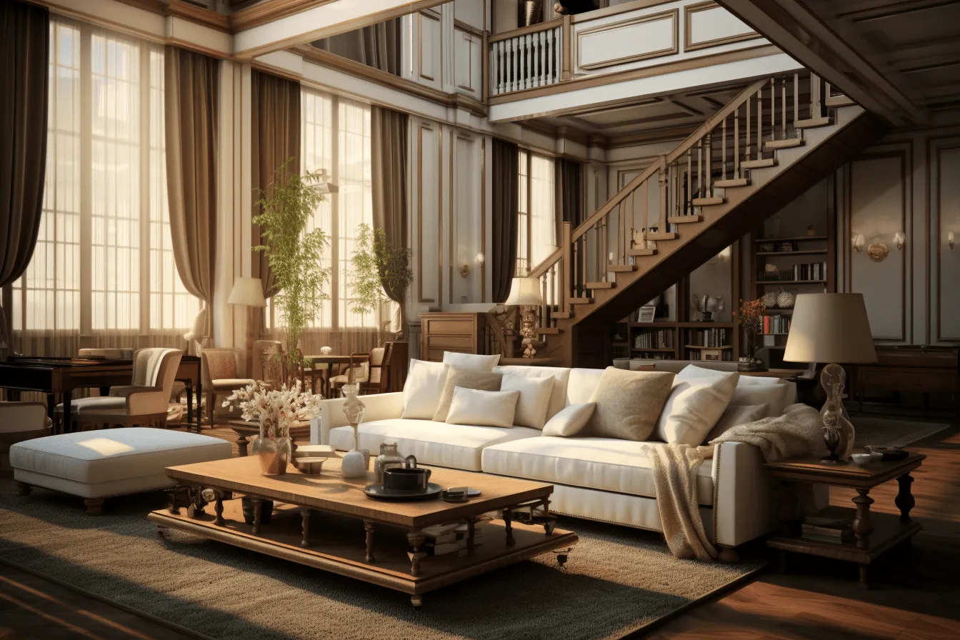 White living room with a staircase, brown and beige, ming dynasty, 32k uhd, moody atmosphere, historical influences, rusticcore, fine detailed